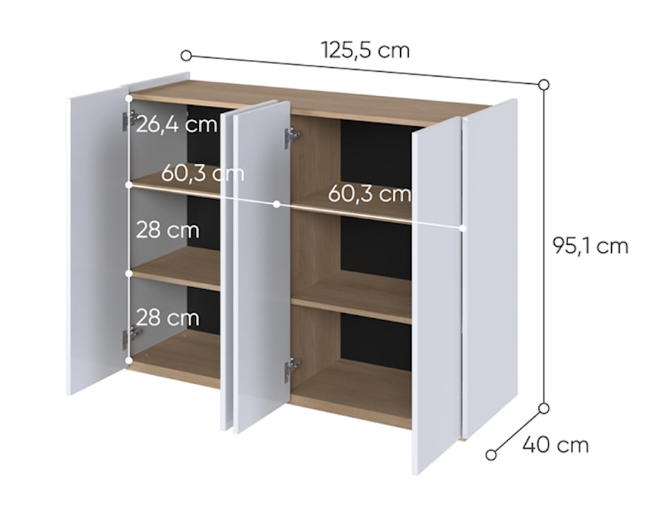 Komoda czterodrzwiowa Easy z oświetleniem LED 126 cm Biała połysk/Dąb Scandi  - zdjęcie 5