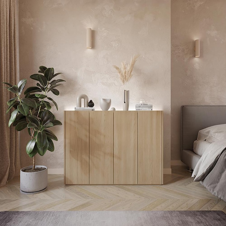 Komoda czterodrzwiowa Easy z oświetleniem LED 126 cm Dąb Scandi/Biała połysk  - zdjęcie 2