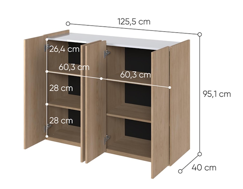 Komoda czterodrzwiowa Easy z oświetleniem LED 126 cm Dąb Scandi/Biała połysk  - zdjęcie 6