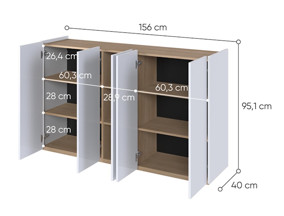 Komoda pięciodrzwiowa Easy z oświetleniem LED 156 cm Biała połysk/Dąb Scandi  - zdjęcie 5