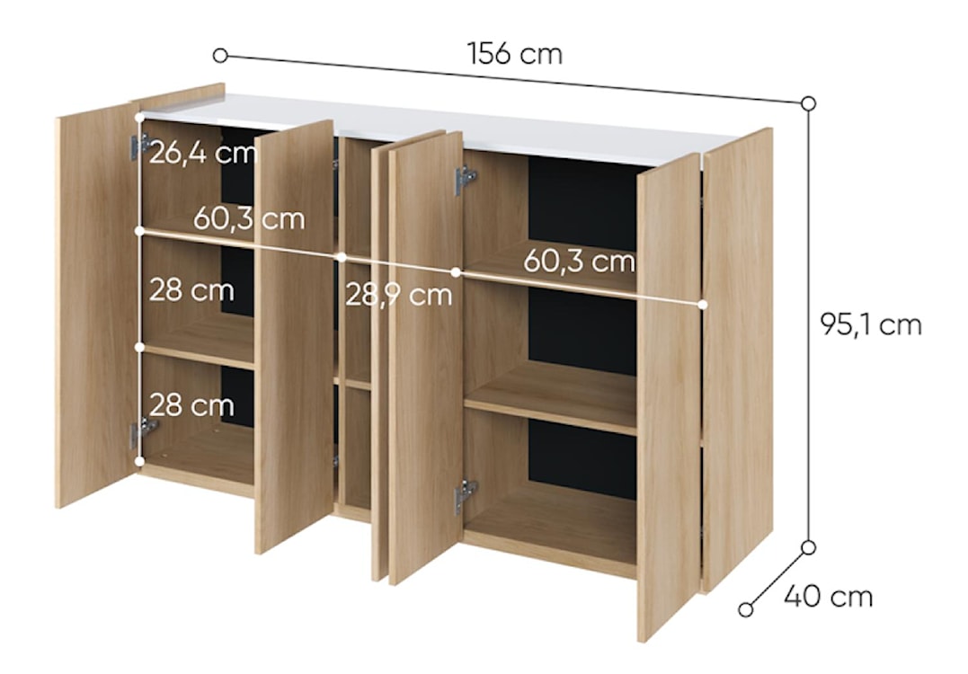 Komoda pięciodrzwiowa Easy z oświetleniem LED 156 cm Dąb Scandi/Biała połysk  - zdjęcie 5