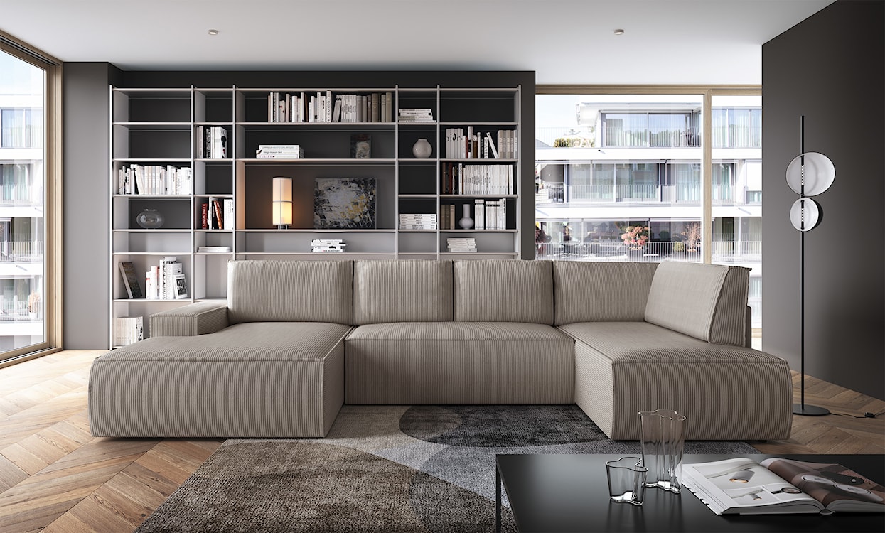 Narożnik z funkcją spania Farese New U-kształtny z pojemnikiem lewostronny beżowy sztruks  - zdjęcie 2