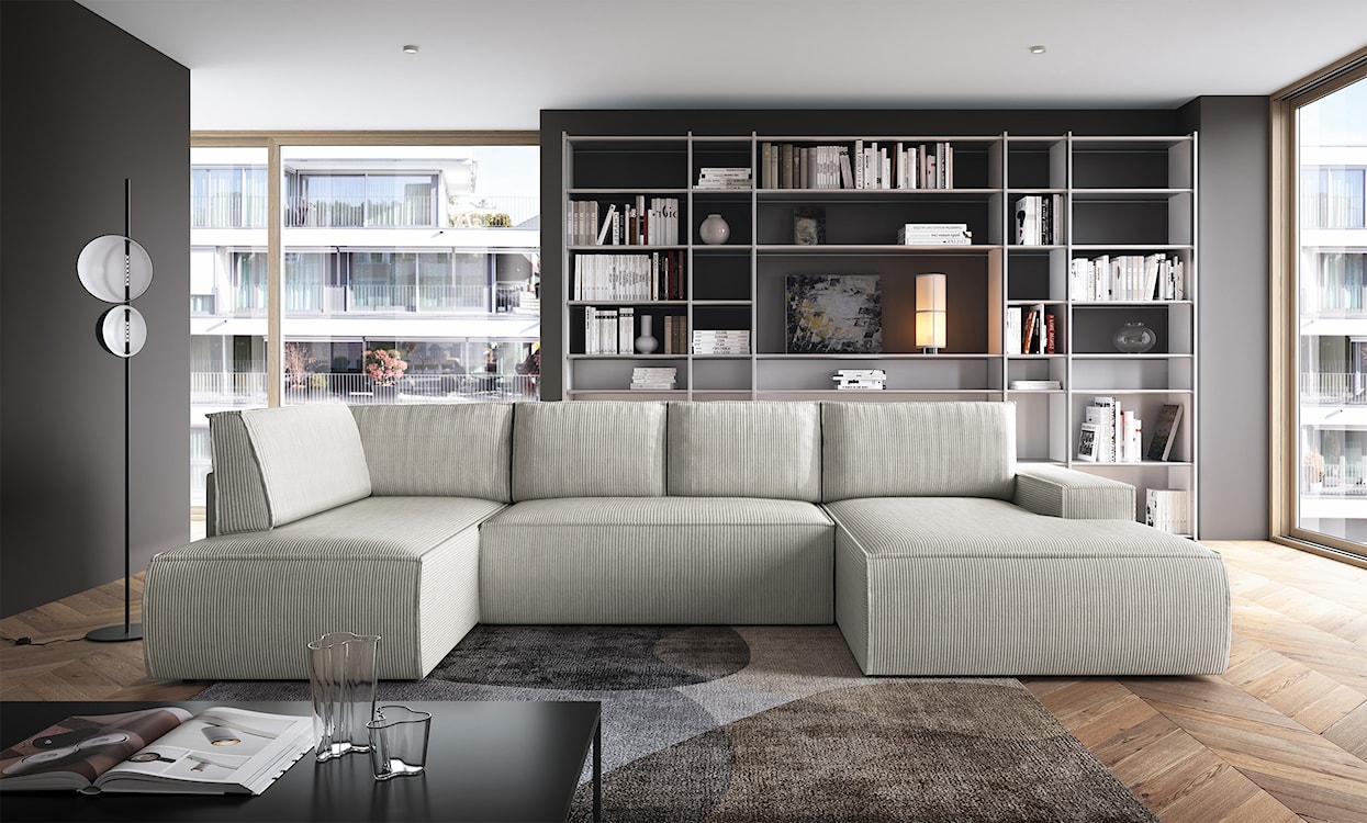 Narożnik z funkcją spania Farese New U-kształtny z pojemnikiem prawostronny kremowy sztruks  - zdjęcie 2