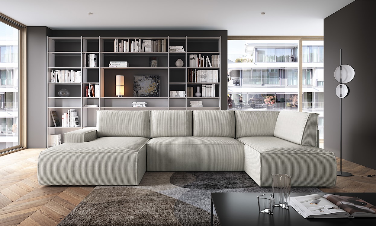 Narożnik z funkcją spania Farese New U-kształtny z pojemnikiem lewostronny kremowy sztruks  - zdjęcie 2