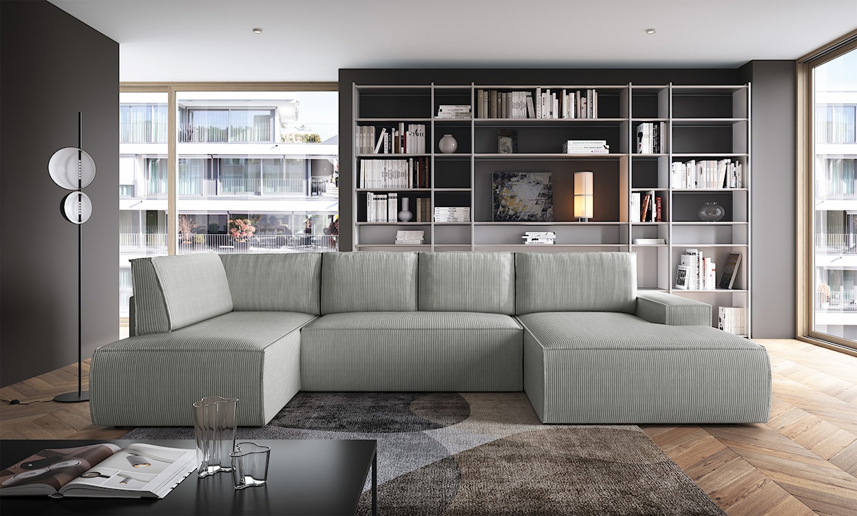 Narożnik z funkcją spania Farese New U-kształtny z pojemnikiem prawostronny jasnoszary sztruks  - zdjęcie 2