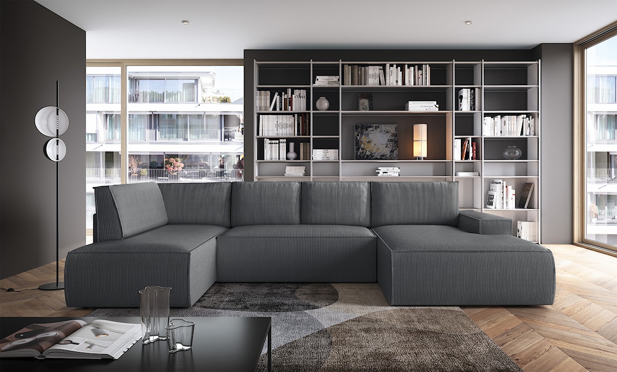 Narożnik z funkcją spania Farese New U-kształtny z pojemnikiem prawostronny szary sztruks  - zdjęcie 2