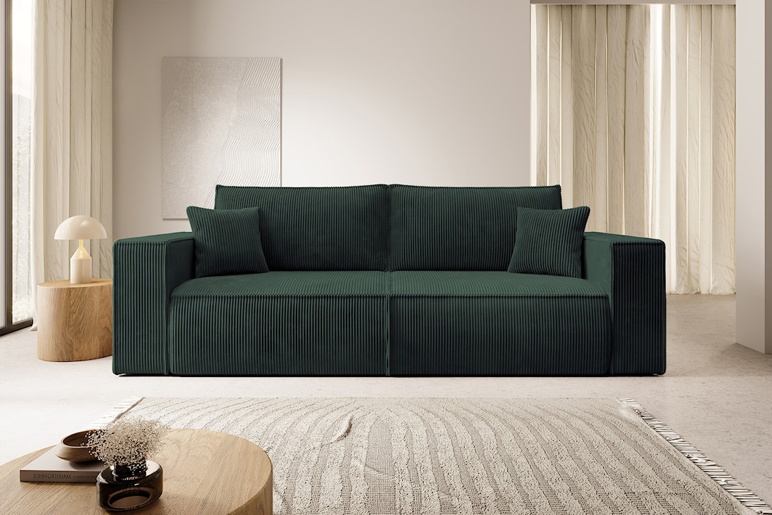 Kanapa rozkładana trzyosobowa Farese z pojemnikiem zielona sztruks  - zdjęcie 2