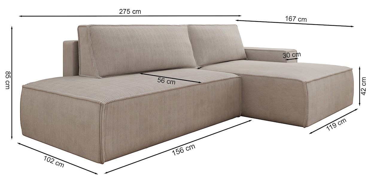 Narożnik z funkcją spania Felicjo L-kształtny prawostronny z pojemnikiem szarobeżowy sztruks  - zdjęcie 5