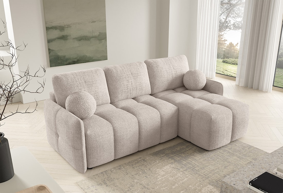 Narożnik z funkcją spania Fluffi L-kształtny uniwersalny z pojemnikiem beżowy boucle  - zdjęcie 2