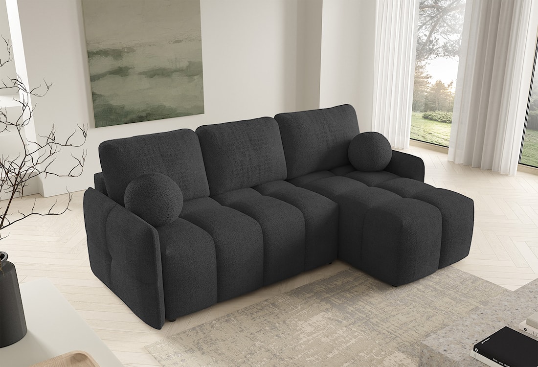 Narożnik z funkcją spania Fluffi L-kształtny uniwersalny z pojemnikiem grafitowy boucle  - zdjęcie 2