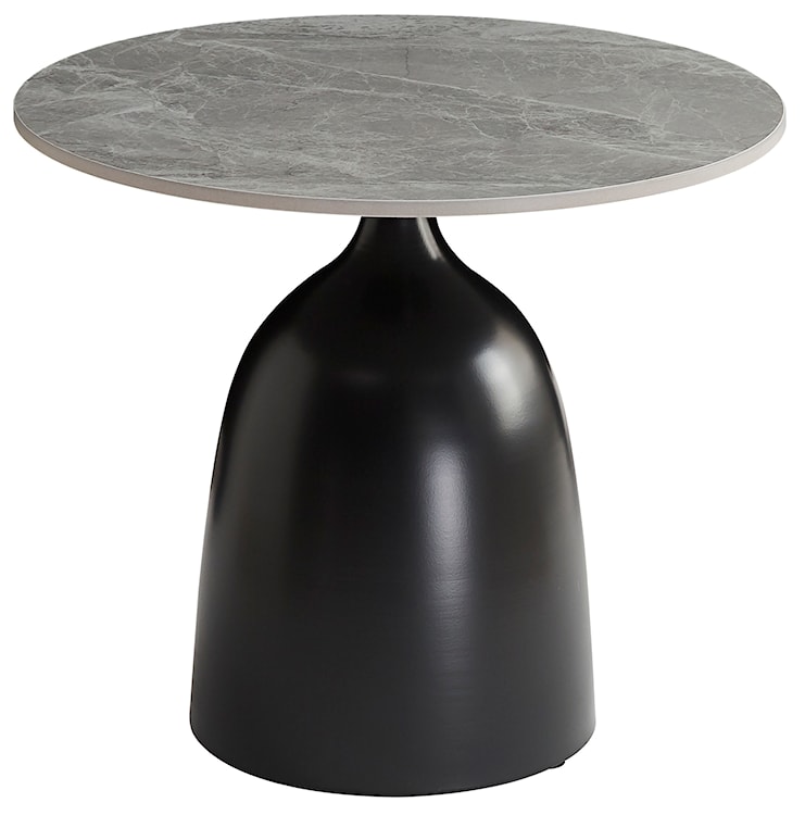 Stolik kawowy Granive okrągły średnica 50 cm z szarym kamiennym blatem i czarną podstawą 