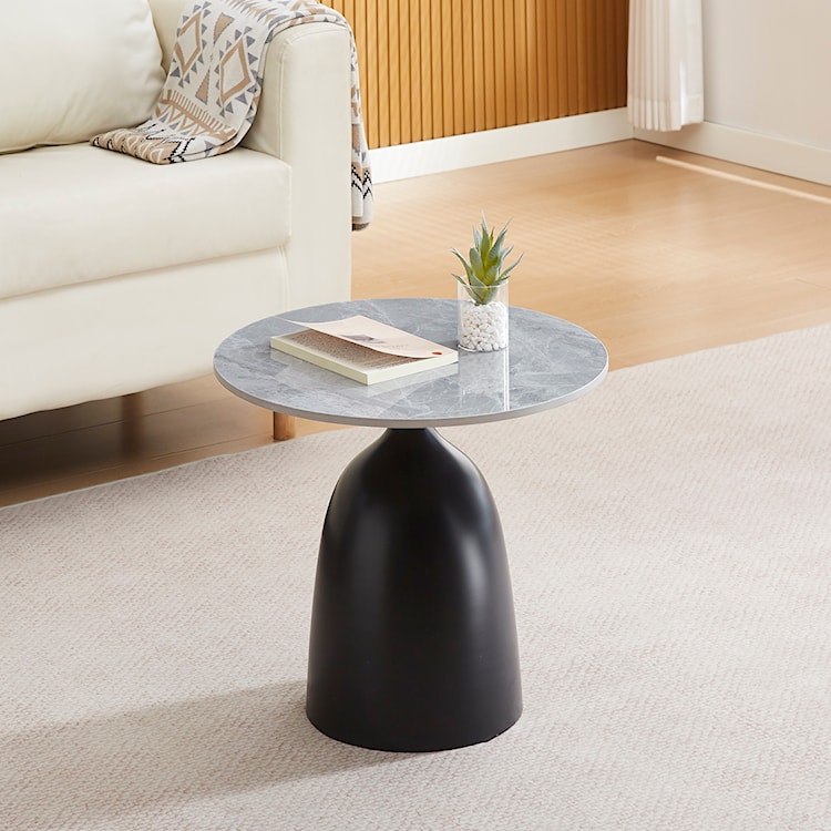 Stolik kawowy Granive okrągły średnica 50 cm z szarym kamiennym blatem i czarną podstawą  - zdjęcie 2