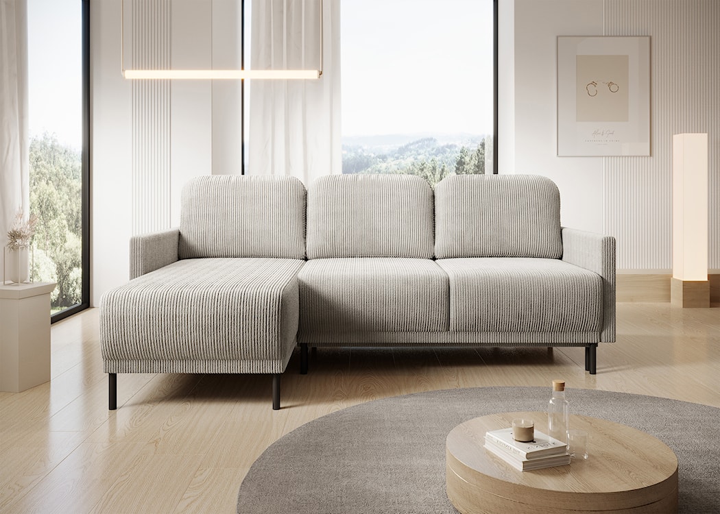 Narożnik rozkładany Hamiel L-kształtny z pojemnikiem uniwersalny jasnobeżowy sztruks  - zdjęcie 2