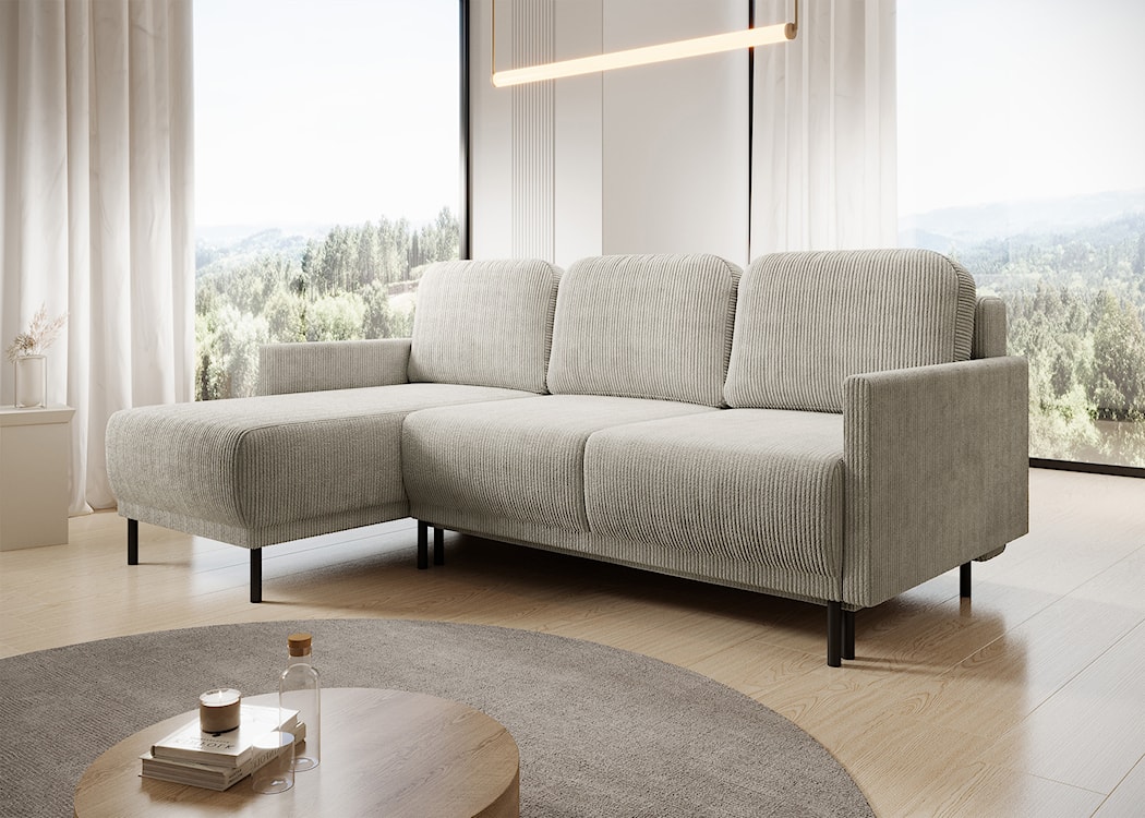 Narożnik rozkładany Hamiel L-kształtny z pojemnikiem uniwersalny jasnobeżowy sztruks  - zdjęcie 5