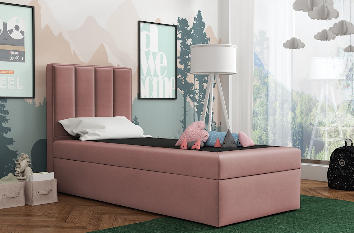 Łóżko kontynentalne 90x200 cm Rinus z pojemnikiem różowe welur hydrofobowy prawostronne  - zdjęcie 2