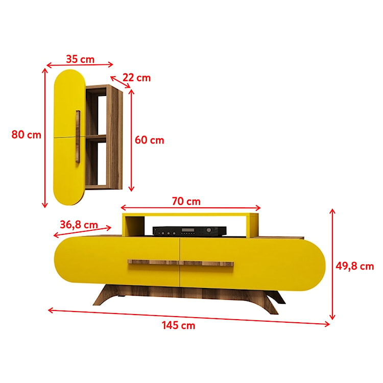 Szafka RTV Ovalia 145 cm z żółtym frontem i wiszącą szafką  - zdjęcie 5