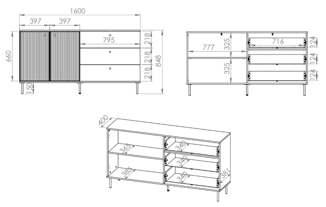 Komoda dwudrzwiowa Caletto z trzema szufladami 160 cm ozdobne lamele kaszmir  - zdjęcie 11