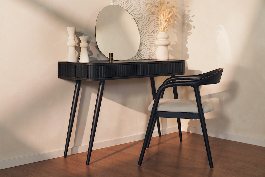 Krzesło drewniane do jadalni Insible w tkaninie łatwoczyszczącej kremowa plecionka/jesion czarny  - zdjęcie 5