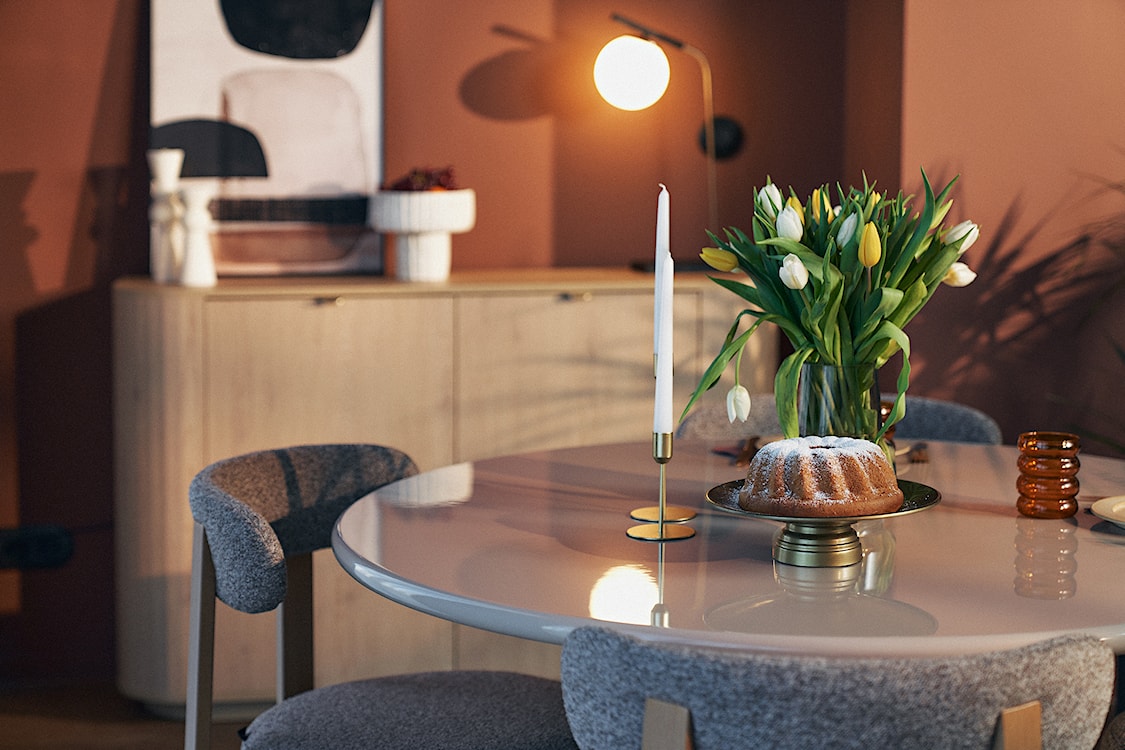 Stół okrągły do jadalni Prinise 120 cm taupe wysoki połysk  - zdjęcie 9