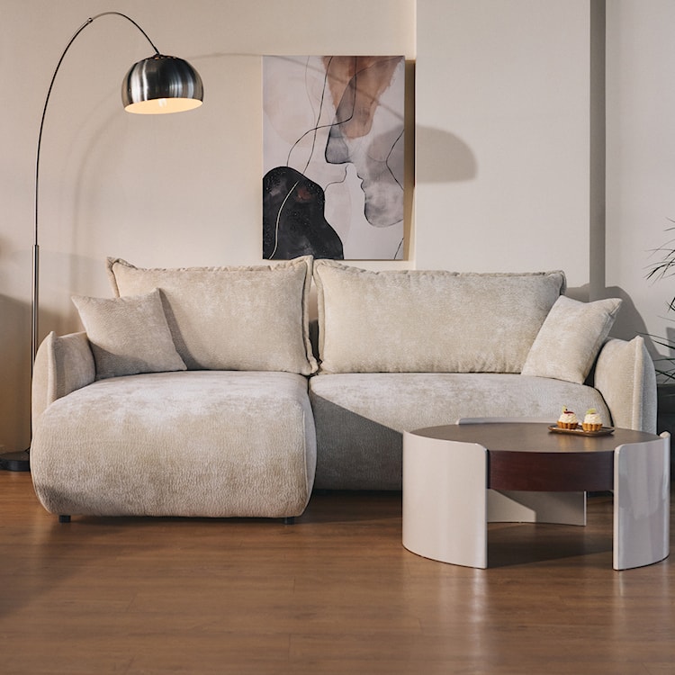 Stolik kawowy Teralle okrągły 90 cm orzech na beżowej podstawie wysoki połysk  - zdjęcie 5