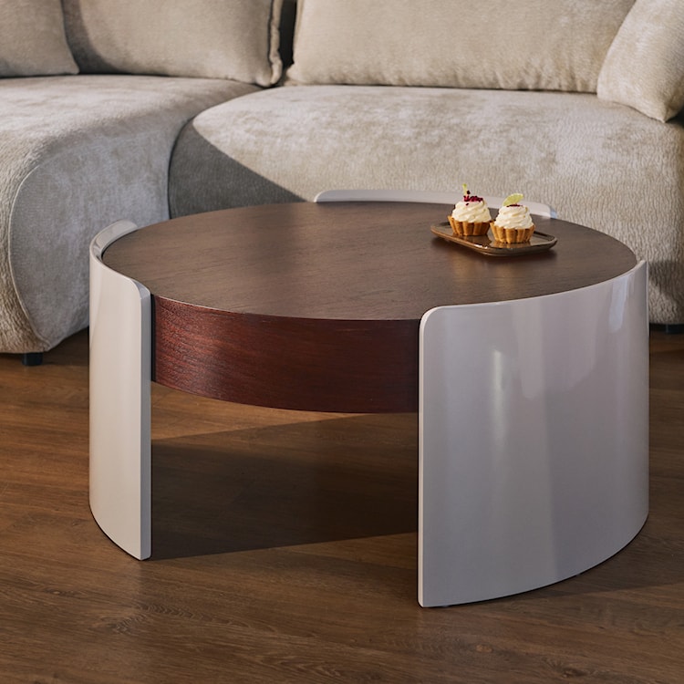 Stolik kawowy Teralle okrągły 90 cm orzech na beżowej podstawie wysoki połysk  - zdjęcie 3