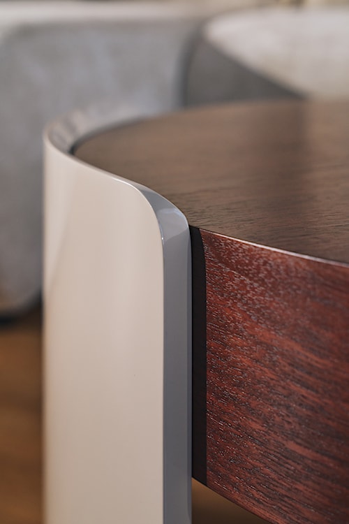 Stolik kawowy Teralle okrągły 90 cm orzech na beżowej podstawie wysoki połysk  - zdjęcie 9