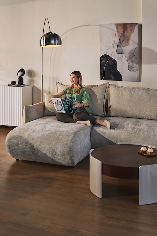 Stolik kawowy Teralle okrągły 90 cm orzech na beżowej podstawie wysoki połysk  - zdjęcie 7