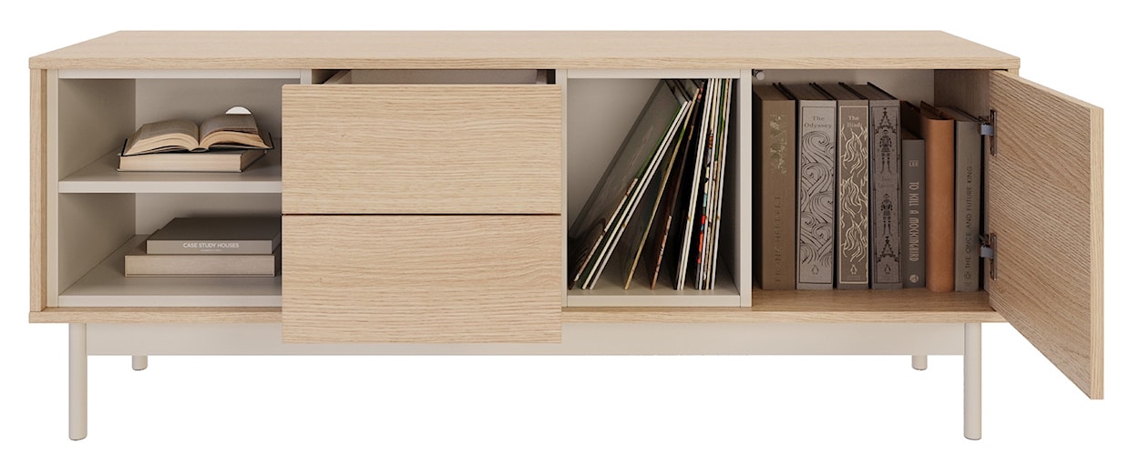 Szafka RTV jednodrzwiowa Layen z dwiema szufladami i trzema wnękami 138 cm dąb lindberg/kaszmir  - zdjęcie 3