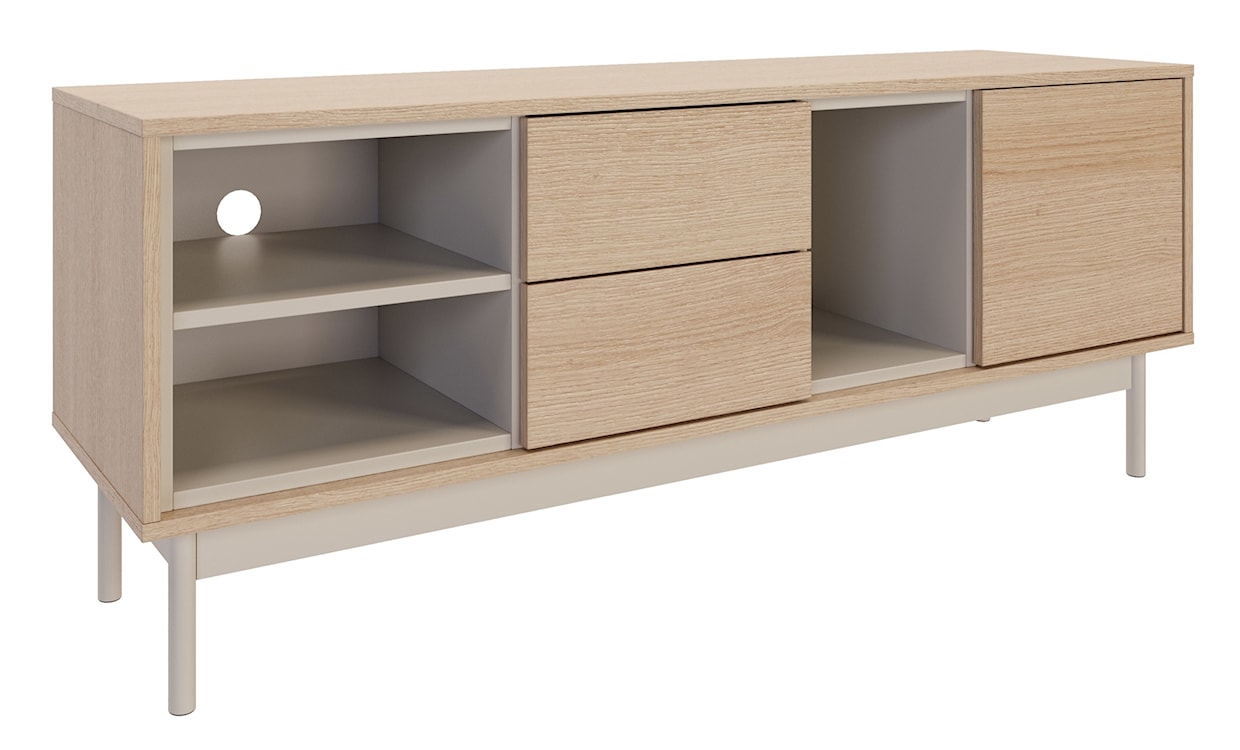 Szafka RTV jednodrzwiowa Layen z dwiema szufladami i trzema wnękami 138 cm dąb lindberg/kaszmir 