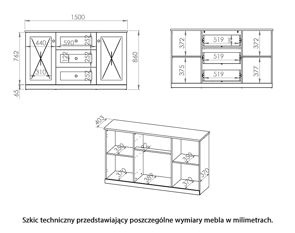 Komoda dwudrzwiowa Mugeto 150 cm z trzema szufladami biała/dąb Lefkas  - zdjęcie 7