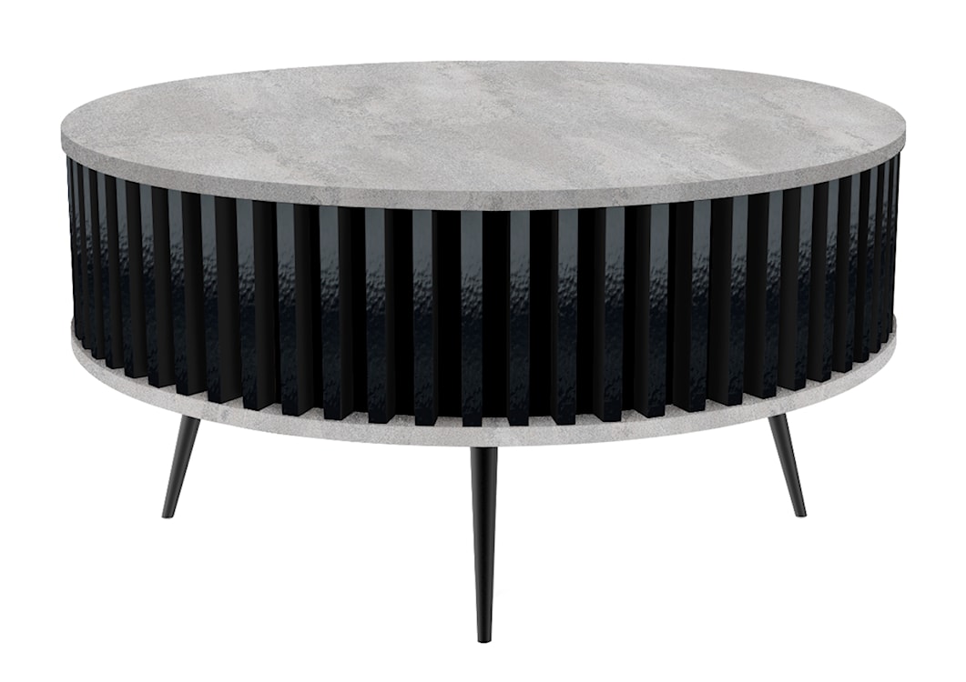 Stolik kawowy Dassoli okrągły z lamelami 90 cm Jasny beton/Czarny połysk