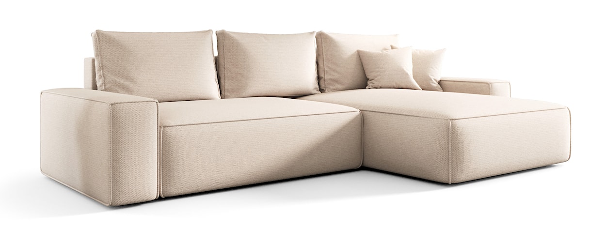 Narożnik z funkcją spania Laroley L-kształtny prawostronny z pojemnikiem jasnobeżowy szenil hydrofobowy 