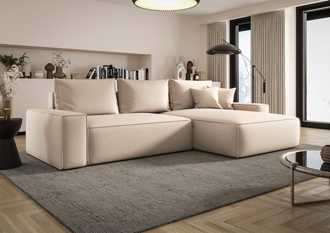 Narożnik z funkcją spania Laroley L-kształtny prawostronny z pojemnikiem jasnobeżowy szenil hydrofobowy  - zdjęcie 2