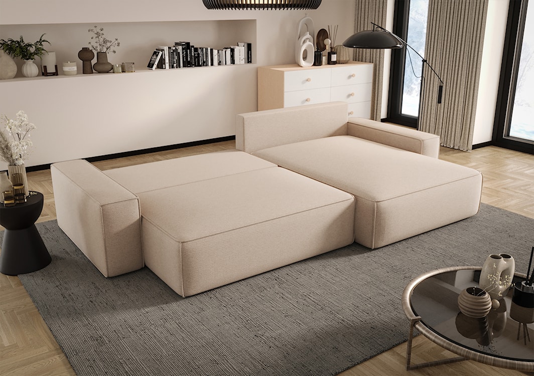 Narożnik z funkcją spania Laroley L-kształtny prawostronny z pojemnikiem jasnobeżowy szenil hydrofobowy  - zdjęcie 3