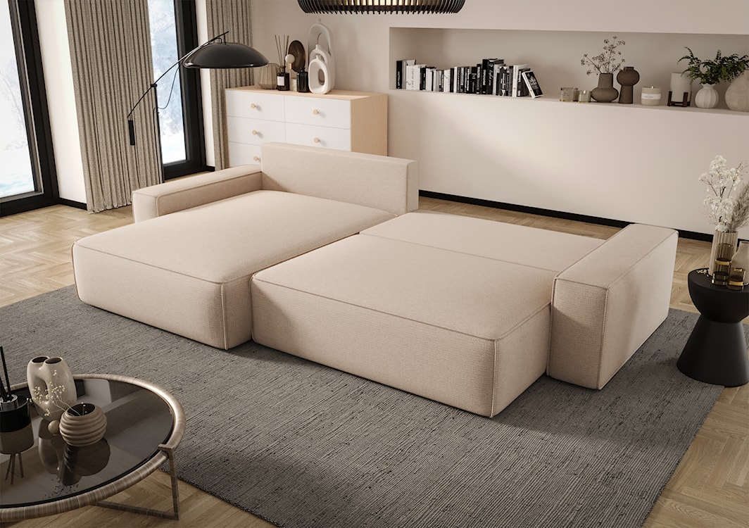 Narożnik z funkcją spania Laroley L-kształtny lewostronny z pojemnikiem jasnobeżowy szenil hydrofobowy  - zdjęcie 3