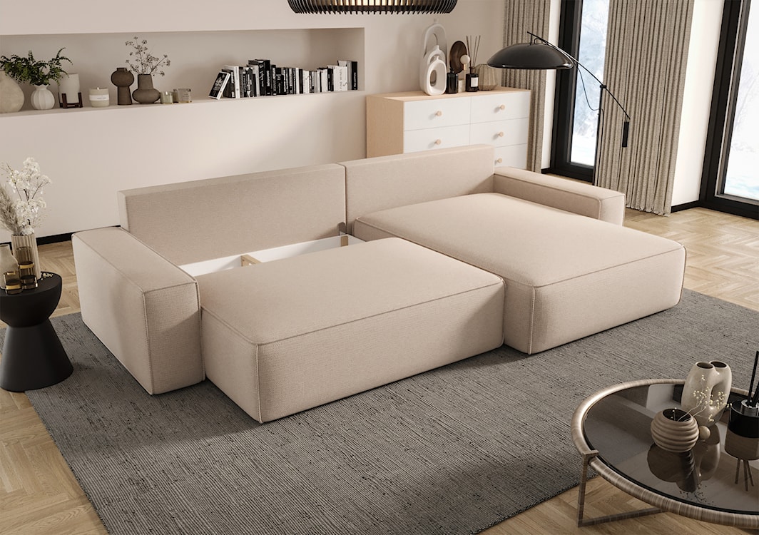 Narożnik z funkcją spania Laroley L-kształtny prawostronny z pojemnikiem jasnobeżowy szenil hydrofobowy  - zdjęcie 4