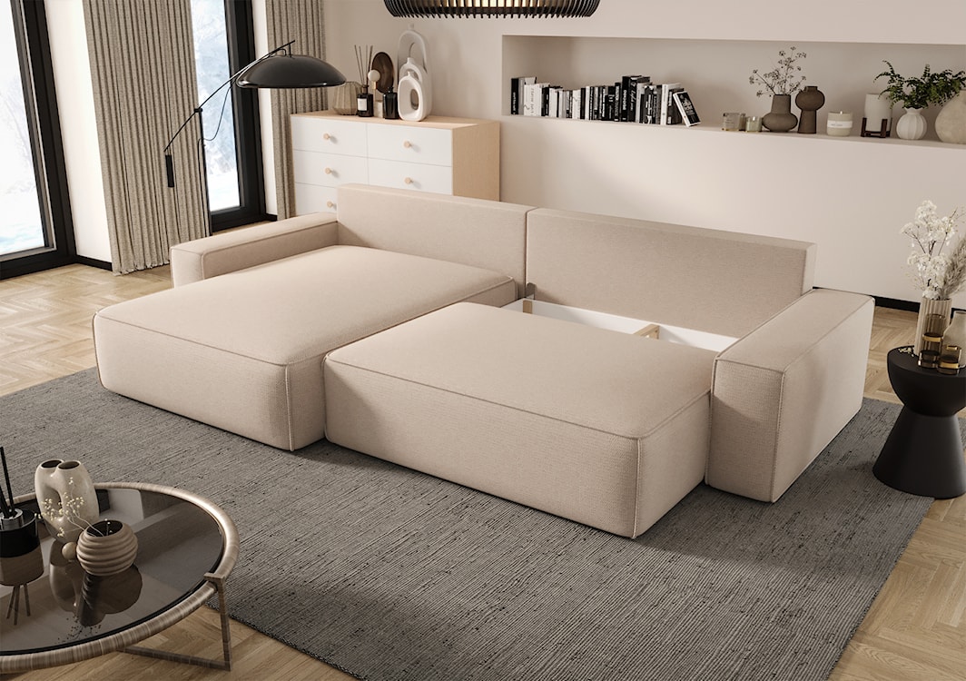 Narożnik z funkcją spania Laroley L-kształtny lewostronny z pojemnikiem jasnobeżowy szenil hydrofobowy  - zdjęcie 4