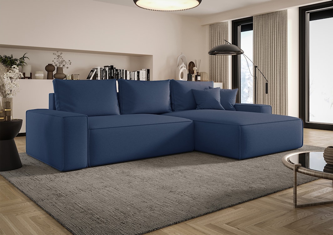 Narożnik z funkcją spania Laroley L-kształtny prawostronny z pojemnikiem jasnoniebieski szenil hydrofobowy  - zdjęcie 2