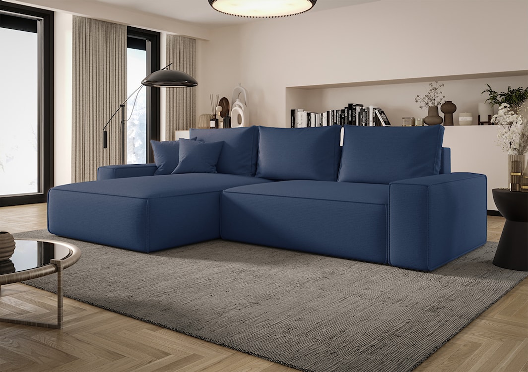 Narożnik z funkcją spania Laroley L-kształtny lewostronny z pojemnikiem jasnoniebieski szenil hydrofobowy  - zdjęcie 2