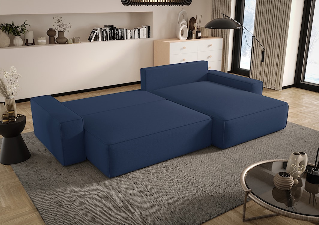 Narożnik z funkcją spania Laroley L-kształtny prawostronny z pojemnikiem jasnoniebieski szenil hydrofobowy  - zdjęcie 3