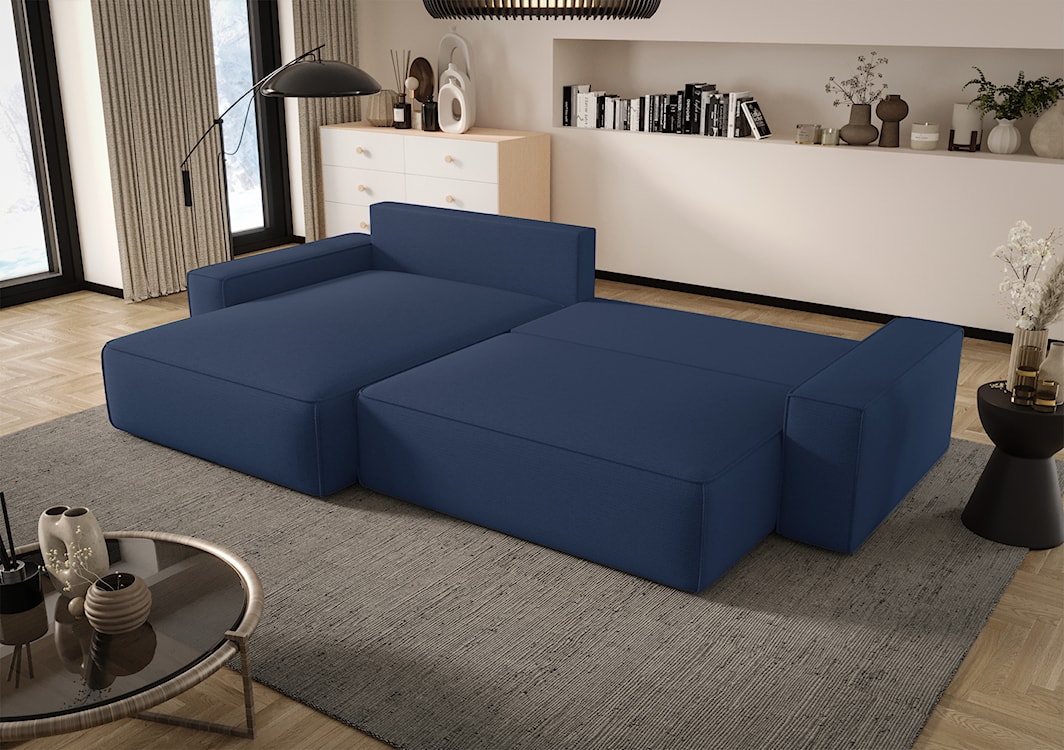 Narożnik z funkcją spania Laroley L-kształtny lewostronny z pojemnikiem jasnoniebieski szenil hydrofobowy  - zdjęcie 3