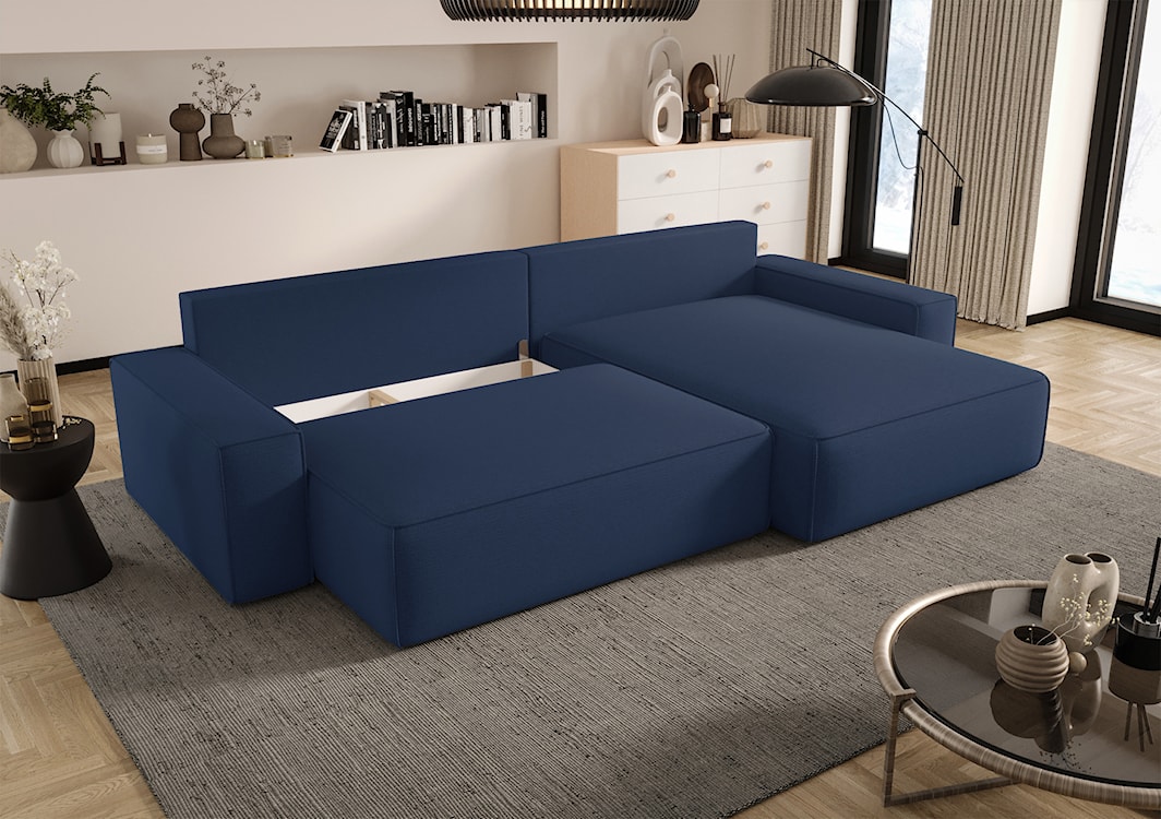 Narożnik z funkcją spania Laroley L-kształtny prawostronny z pojemnikiem jasnoniebieski szenil hydrofobowy  - zdjęcie 4