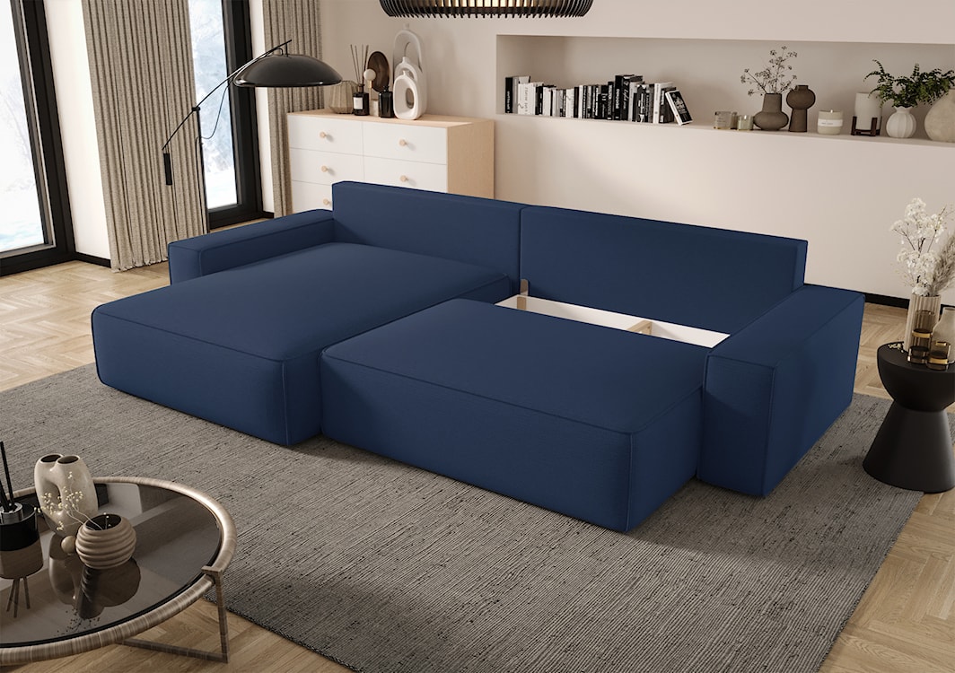 Narożnik z funkcją spania Laroley L-kształtny lewostronny z pojemnikiem jasnoniebieski szenil hydrofobowy  - zdjęcie 4