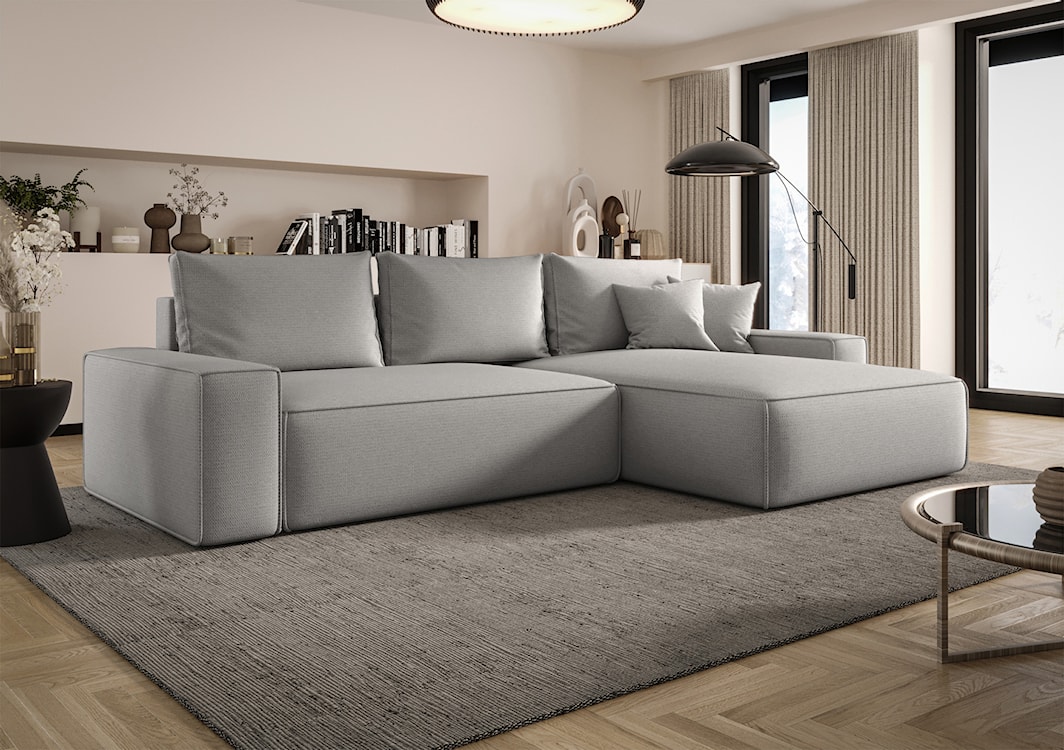 Narożnik z funkcją spania Laroley L-kształtny prawostronny z pojemnikiem jasnoszary szenil hydrofobowy  - zdjęcie 2