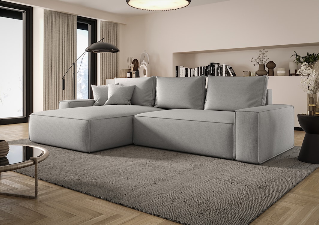 Narożnik z funkcją spania Laroley L-kształtny lewostronny z pojemnikiem jasnoszary szenil hydrofobowy  - zdjęcie 2