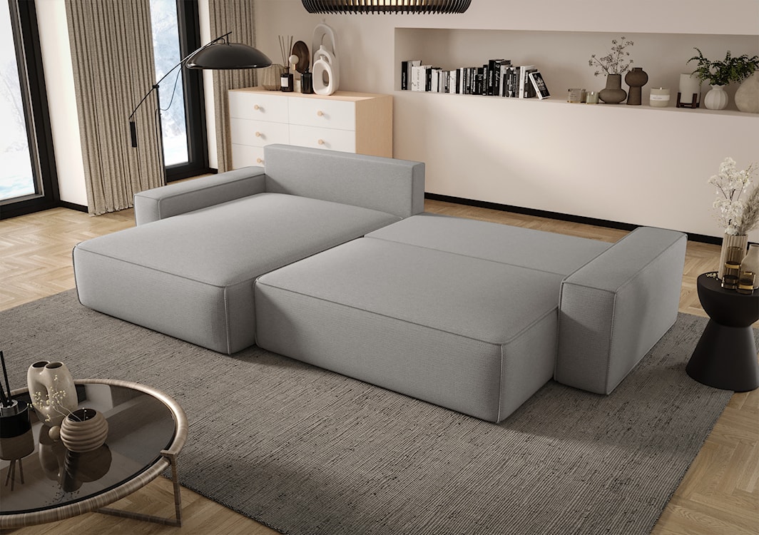 Narożnik z funkcją spania Laroley L-kształtny lewostronny z pojemnikiem jasnoszary szenil hydrofobowy  - zdjęcie 3