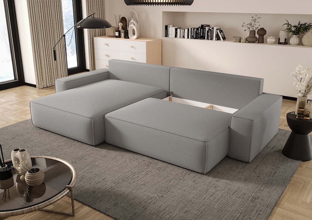 Narożnik z funkcją spania Laroley L-kształtny lewostronny z pojemnikiem jasnoszary szenil hydrofobowy  - zdjęcie 4