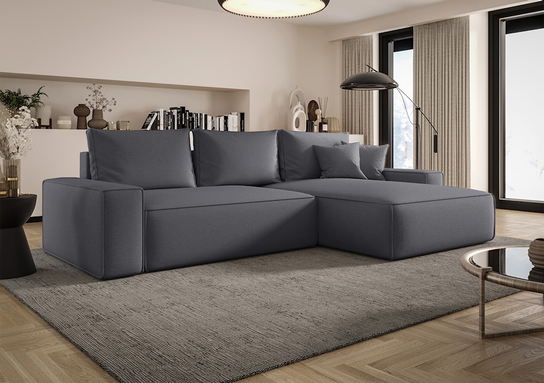 Narożnik z funkcją spania Laroley L-kształtny prawostronny z pojemnikiem szary szenil hydrofobowy  - zdjęcie 2