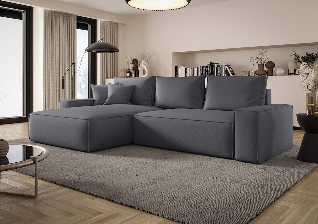 Narożnik z funkcją spania Laroley L-kształtny lewostronny z pojemnikiem szary szenil hydrofobowy  - zdjęcie 2