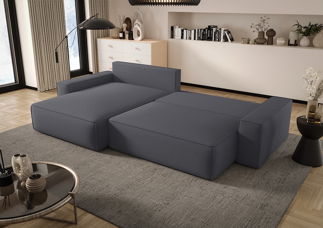 Narożnik z funkcją spania Laroley L-kształtny lewostronny z pojemnikiem szary szenil hydrofobowy  - zdjęcie 3